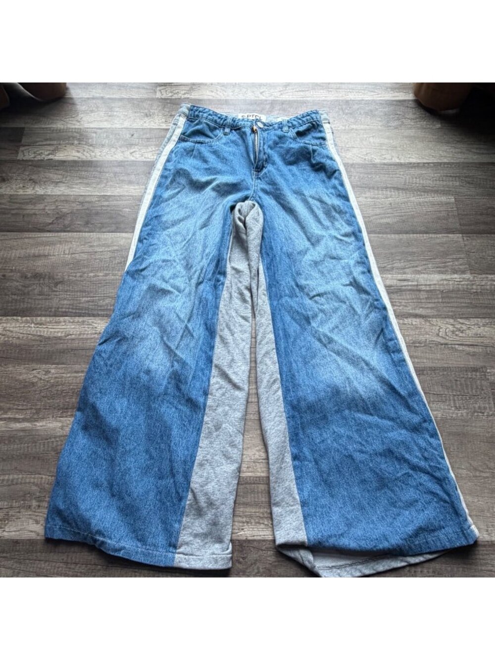 Colorblock Wide-Leg Jeans With Gray Paneling By PTCL Size 28 Cotton Blend Vintag